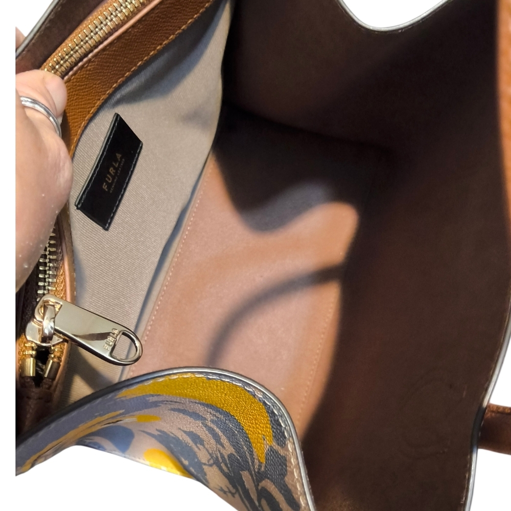 Furla Beige Tote with Yellow Floral Print and Brown Handles EUC - Picture 11 of 14